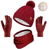 Cyihual Womens Winter Hat Gloves Scarf Set, Touchscreen Gloves, Fleece Lined Knit Beanie & Neck Warmer | 3 in 1 Set