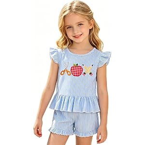 IZYJOY Girl Back to School Outfit Kids First Day of School Outfits Cute Ruffle Sleeve Striped Embroidery Set Summer Clothes