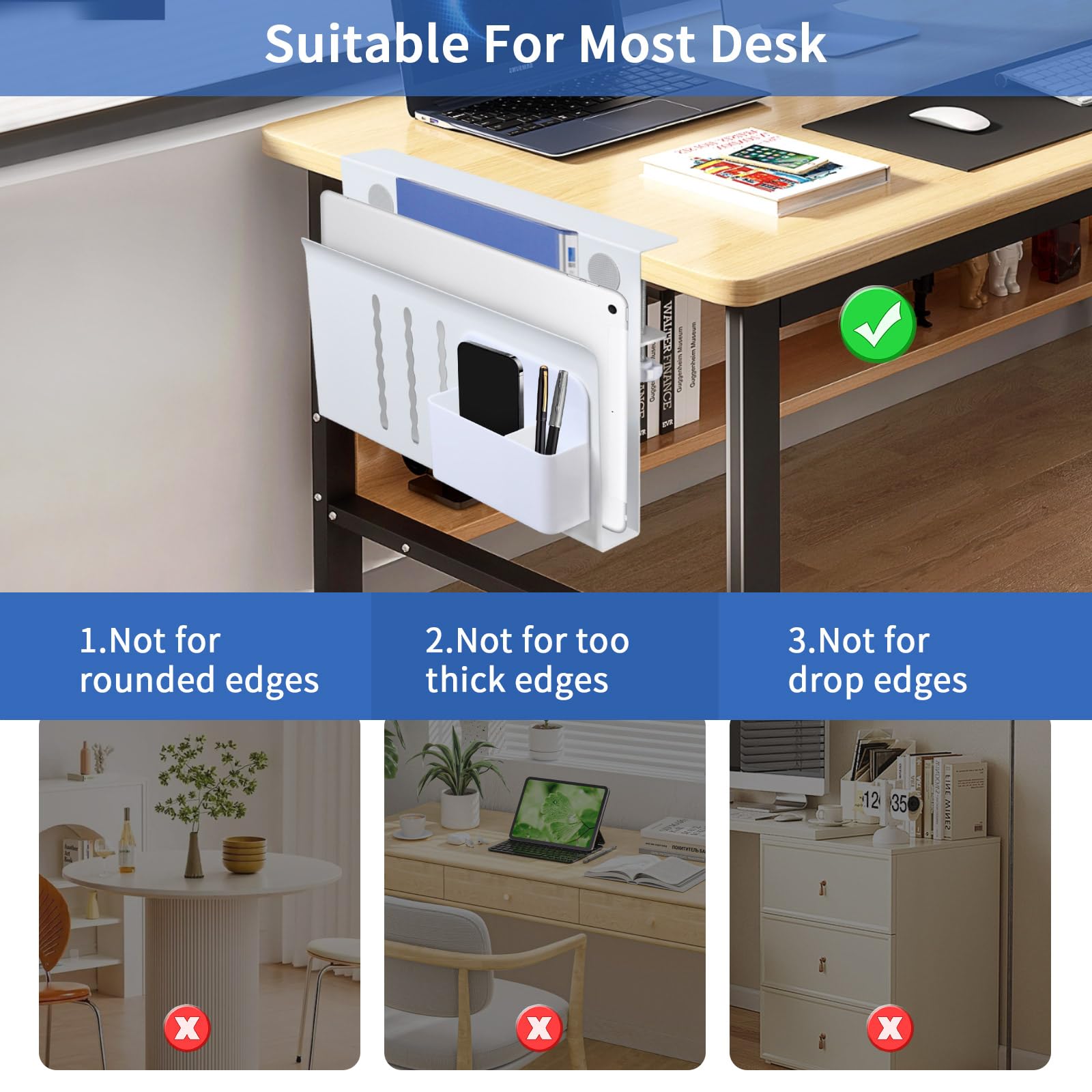 LUKETURE Desk Side Storage, Steel Side Desk Organizer, No Drill Laptop Holder, Clamp on Laptop Mount with Pen Holder, Table Hanging Storage for Home Office, Fits Flat Edge Tables 0.3
