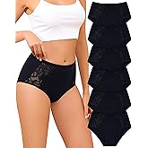 LEVAO Cotton Underwear for Women, Lace High Waisted Lace Hipster, Stretch Bikini Briefs for Ladies, Breathable & Soft, 6 Pack