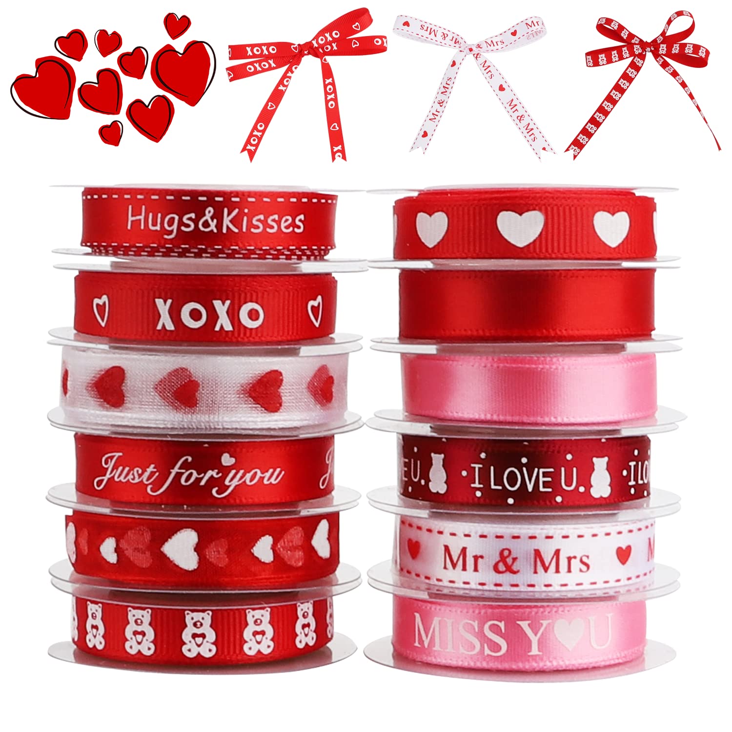 KOOTAU 12 Rolls Valentine’s Day Ribbons, 1cm Wide Sweet Words Printed Heart Ribbons for Valentine’s Day Gift Wrapping DIY Crafts Wedding Decorations(Total 75 Yards)