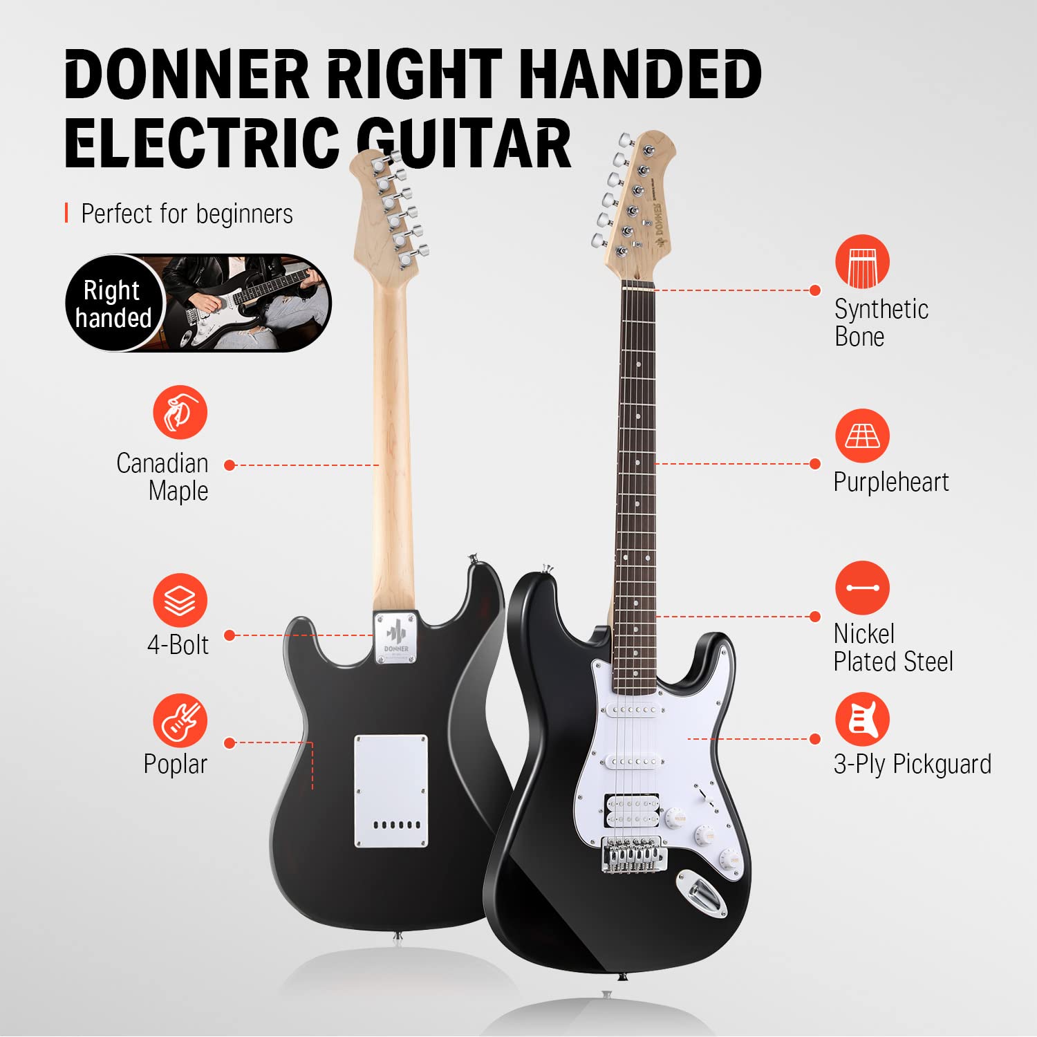 Donner DST-100B Kit para principiantes de guitarra eléctrica de 39 pulgadas, cuerpo sólido, tamaño completo, HSS negro para principiantes, con amplificador, bolsa, afinador digital, cejilla, correa, cuerda, cable, púas
