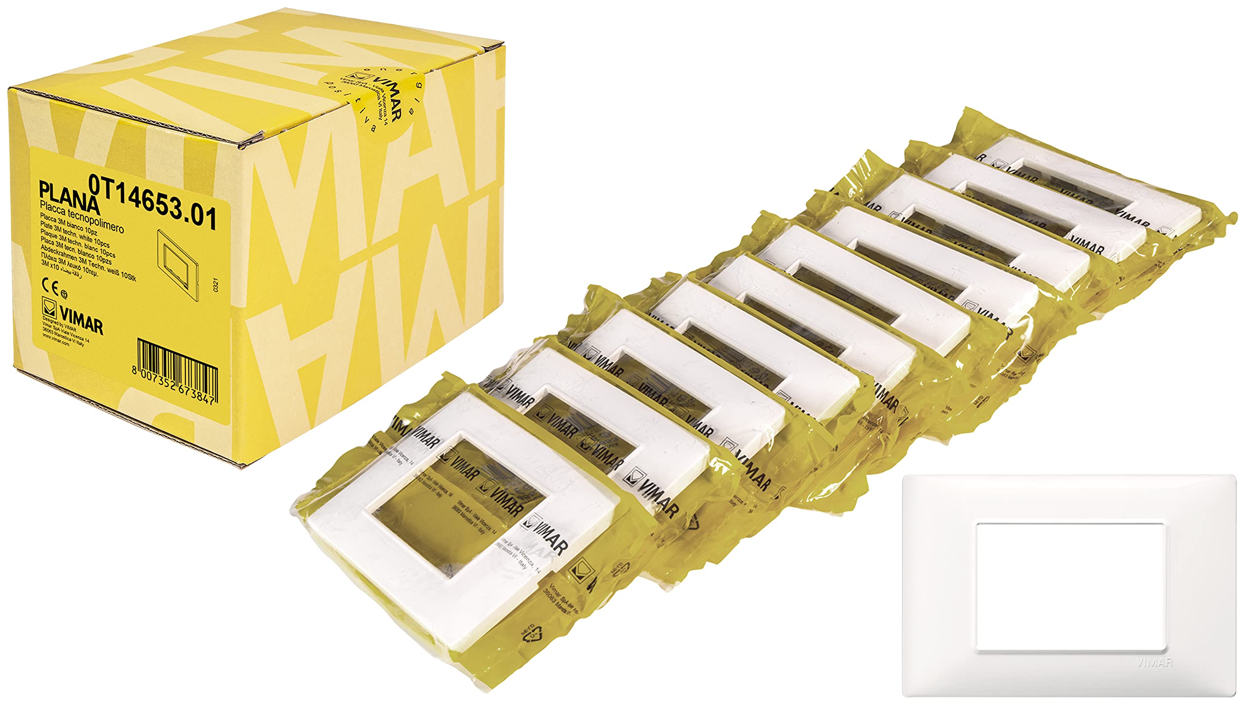 Vimar Plana 0T14653.01 3-Module Technopolymer Plate, 10 Pieces, White