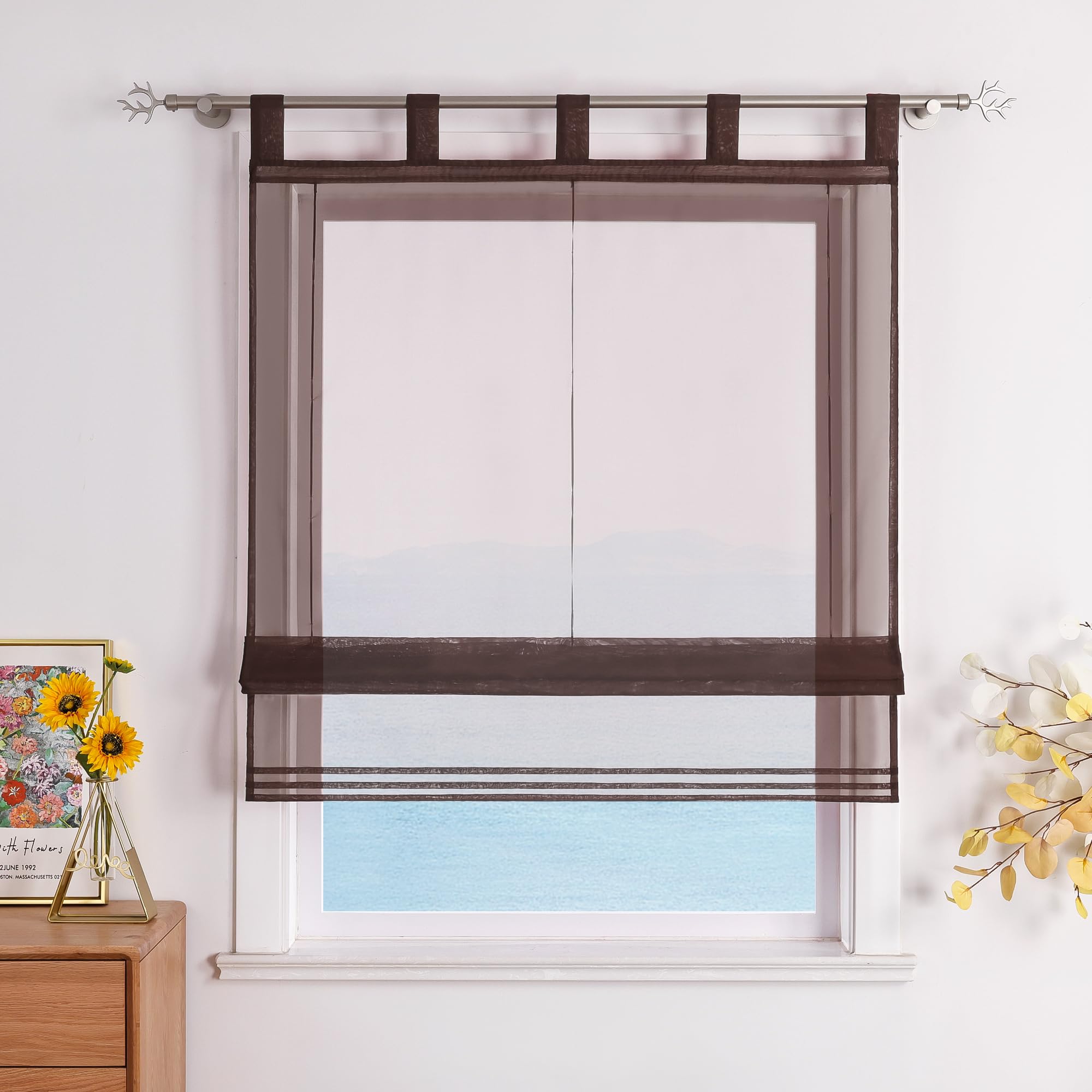 ESLIR Roman Blind with Loops, Kitchen Transparent Tab-Top Blinds, Modern Voile Coffee W x H 80 x 155 cm, 1 Piece