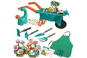 Qtioucp 16Pcs Kids Gardening Tools Set Backyard Play with Wheelbarrow, Apron, Watering Can and More Educational STEM Learning