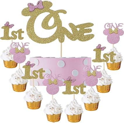 Minnie Mouse Decoracion Para Cupcakes Para Primer Cumpleanos Color Rosa Y Dorado Con Purpurina Para Bebe