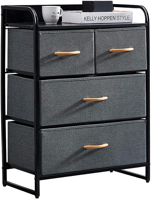 Huisen Furniture Bedroom Chest of Drawers for Clothes Living Room Unit Storage Cabinet with 4 Drawers for Hallway Kid Room Organizer Cabinet with Metal Frame Dark Grey Non-Woven Fabric Drawers