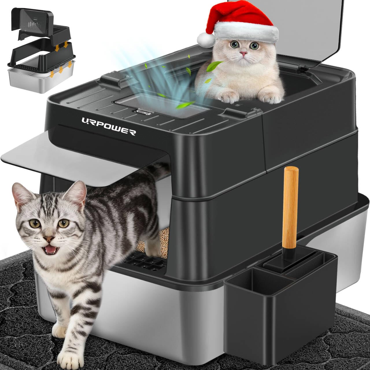 URPOWER Stainless Steel Cat Litter Box with Lid 110° Flip-Top Extra Large Enclosed Litter Box Non-Sticky Metal Pan with High Sided & Scoop, Odor Free, Front & Top Entry, Anti-Leakage, Easy Cleaning Image