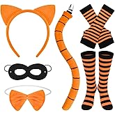 6 Pcs Orange Cat Costume Accessories Set Including Orange Cat Ears Headband Tail Bow Tie Black Mask Socks and Gloves for Halloween Storybook Fancy Dress Cosplay