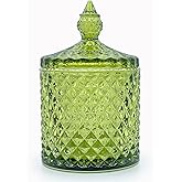 10 oz Olive Green Glass Candy Dish with Lid-Decorative Display Jar for Q-Tip Holder,Cotton Swab Storage,Bathroom Vanity Organizer,Home Office Decor