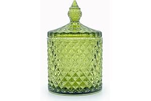 10 oz Olive Green Glass Candy Dish with Lid-Decorative Display Jar for Q-Tip Holder,Cotton Swab Storage,Bathroom Vanity Organ