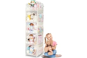 AXHOP Stuffed Animal Storage, 63.8" Toy Storage Organizer, 5 Shelves & 8 Side Pockets, Corner Storage for Kids' Bedroom and Playroom (Ivory)