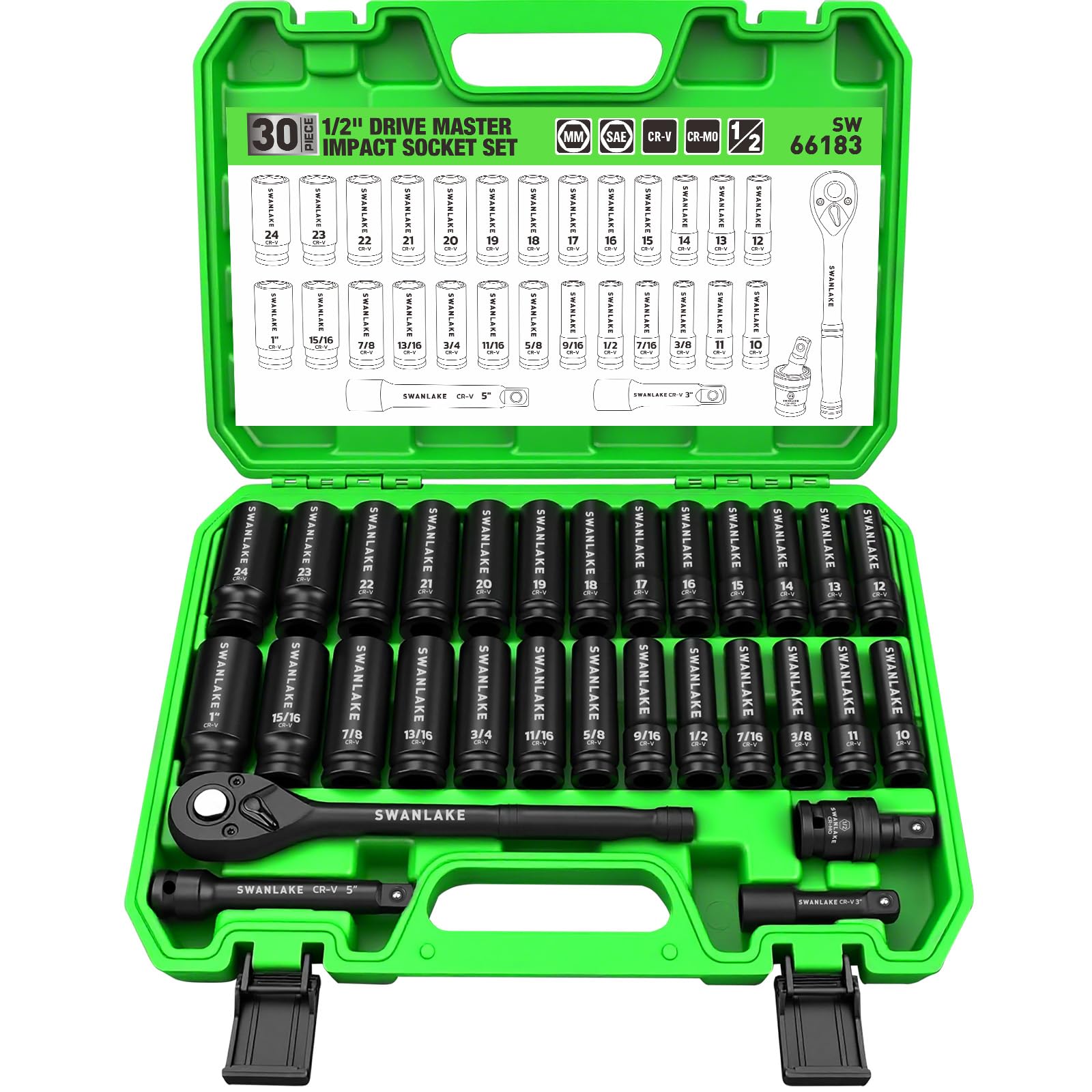 30-Piece 1/2" Drive Impact Socket Set, Standard SAE (3/8-1 inch) and Metric (10-24mm) 6 Point CR-V Steel Deep Socket, Ratchet Handle, 3" & 5" Extension Bar, CR-MO Impact Universal Joint Image