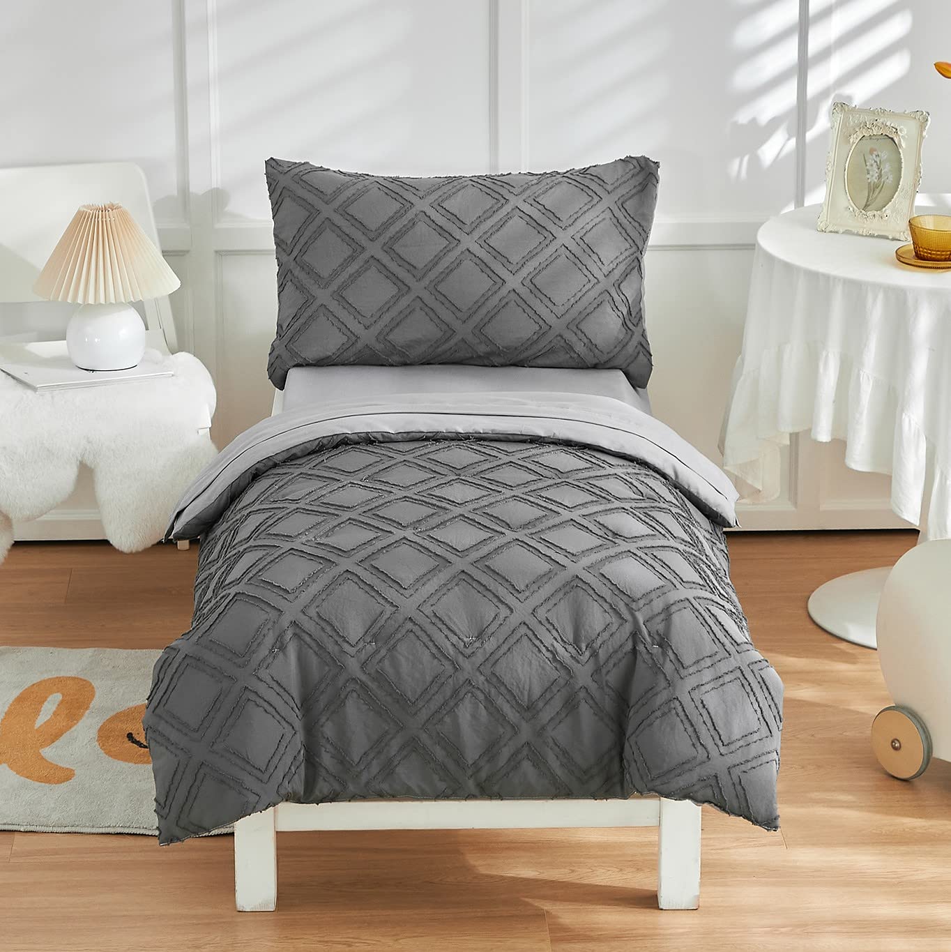 Photo 1 of 4 Pieces Tufted Toddler Bedding Set Dark Grey Jacquard Tufts, Soft and Embroidery Shabby Chic Boho Bohemian Design for Baby Boys, Includes Comforter, Flat Sheet, Fitted Sheet and Pillowcase