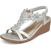 TEMOFON Women's Low Wedge Heels Summer Dressy Platform Sandals Elastic Ankle Strap Open Toe Flower Shoes