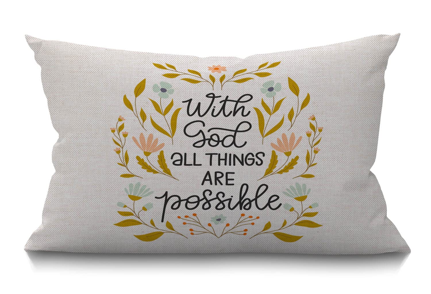 BGBDEIA Cushion Cover with God All Things are Possible Inspirational Quote Branches Flowers Rectangular Throw Pillow Cover for Couch Sofa Home Decor Cotton Linen 12x20 Inch 30 x 50 cm