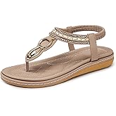 SHIBEVER Womens Sandals Dressy Summer: Women Comfortable Walking Flat Bohemian T-Strap Ladies Casual Comfy Sandals