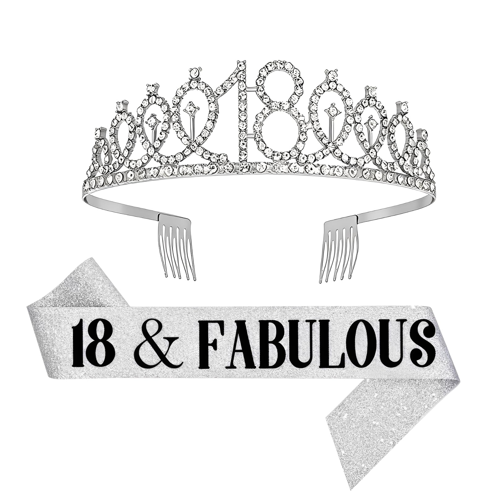 Silver 18th Birthday Sash and Tiara,Glitter Birthday Crown and Sash Party Supplies for Women Decorations Hair Accessories Girls Gift. (B)