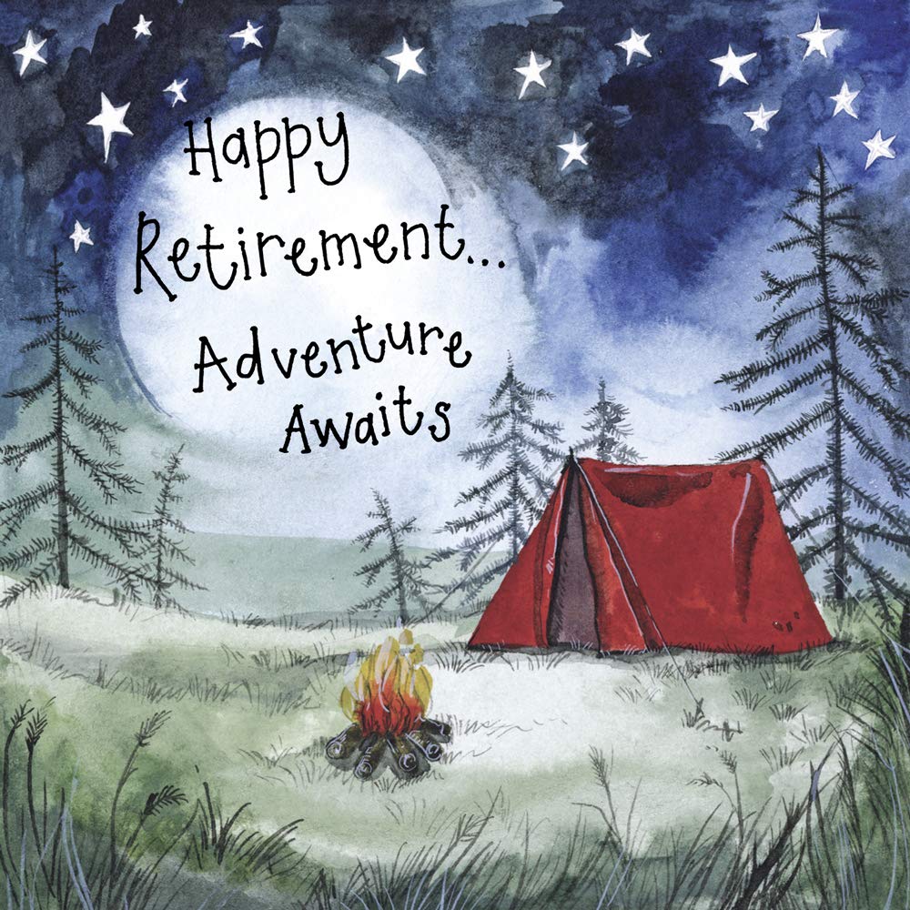 ALEX CLARK Happy Retirement Camping Card - Countryside - Woodland - Red Tent - Campfire - Leaving Card - Designed and Printed in the UK…