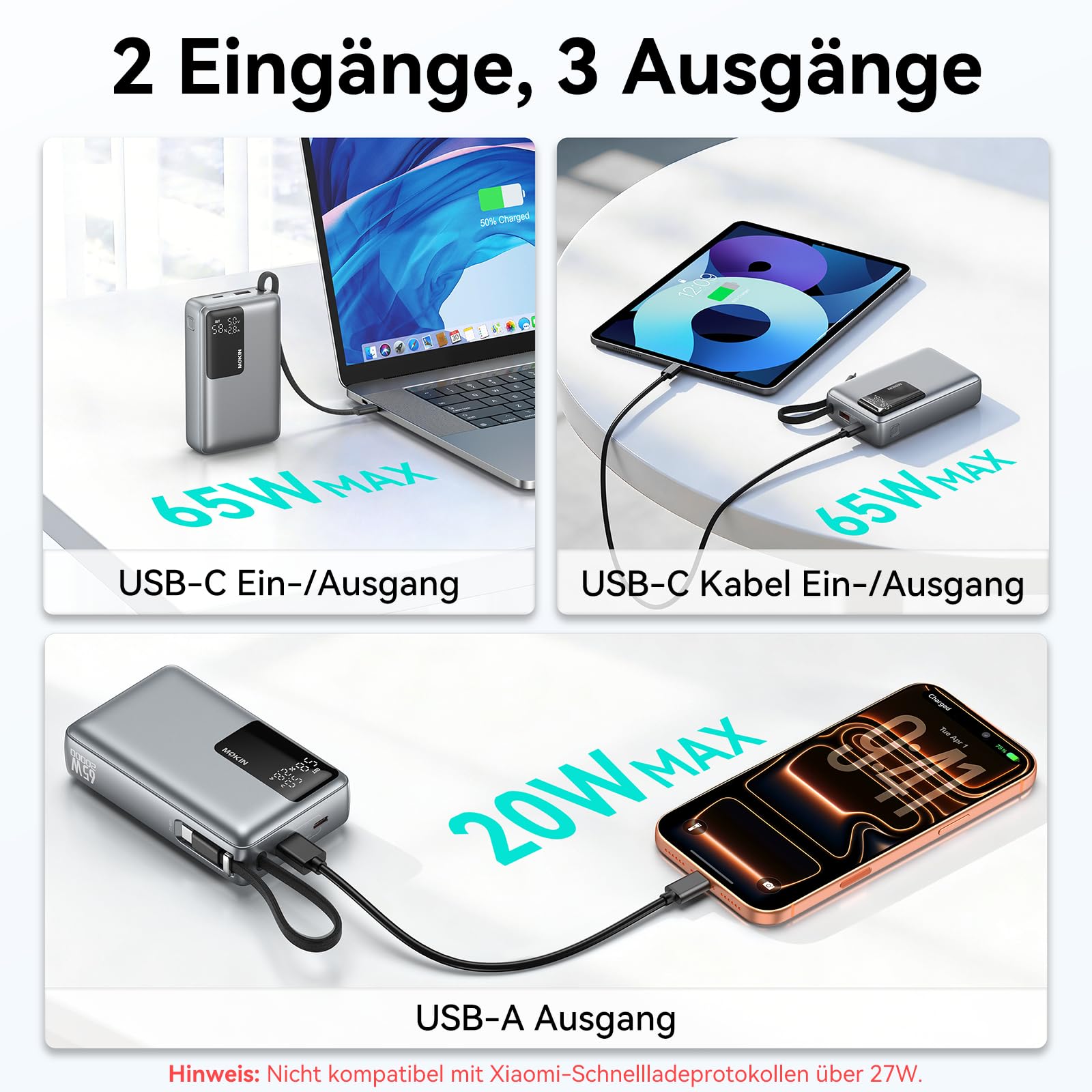 Power Bank, 65W 20000mAh Powerbank Schnellladefunktion USB C PD3.0 & QC4.0 Tragbarer Externer HandyAkkus mit LED Display, Kompatibel mit iPhone 17 16 15 14 Samsung Galaxy S25 S24 für Reisen, Camping 7