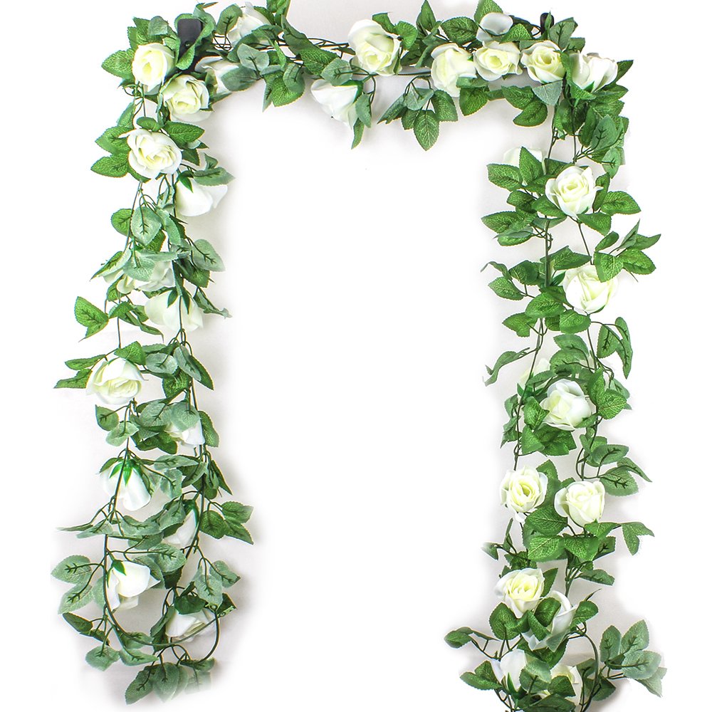 7.5FT Artificial Flower Rose Garland Vine with Green Leaves Fake Hanging Plant Flower Garland For Wedding Party Garden Wall Valentine Decoration (White, 2 pack)