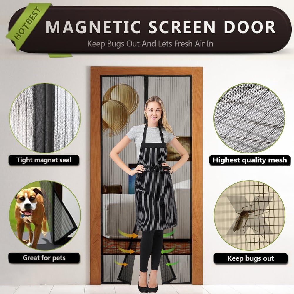 Magnetic Fly Screen Door, Flagicon Auto Shut Mesh Curtain Heavy Duty Fly Mesh Screen Top-to-Bottom Seal with Full Fram Velcro, Keep Insects Mosquito Bugs Out, Instant Bug Mesh for Door Up to 36" x 84" (Black)