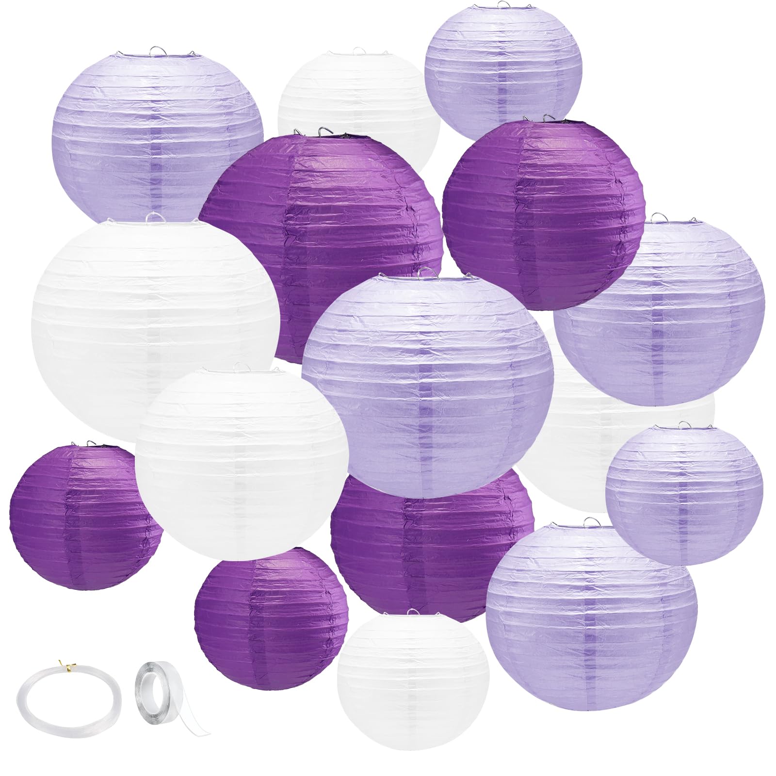 Photo 1 of 16Pcs Purple White Paper Lanterns,Round Hanging Paper Laarty Decorations with Tape and String for Birthday,Graduation,Wedding,Baby Shower Decorations,Outdoor,Indoor(Purple White,16pcs)