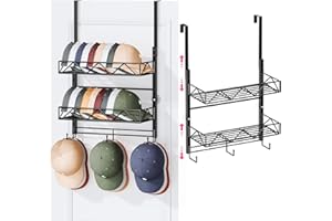 SWTYMIKI Over Door Hat Organizer - 3 Tier Wall Mounted Hat Rack with 2 Adjustable Metal Basket and 3 Hooks, Hanging Baseball Cap Organizer Storage Holds up to 29 Caps for Door, Bedroom, Closet