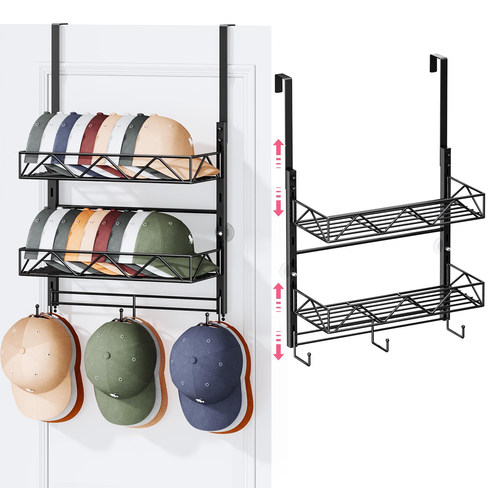 SWTYMIKI Over Door Hat Organizer - 3 Tier Wall Mounted Hat Rack with 2 Adjustable Metal Basket and 3 Hooks, Hanging Baseball Cap Organizer Storage Holds up to 29 Caps for Door, Bedroom, Closet