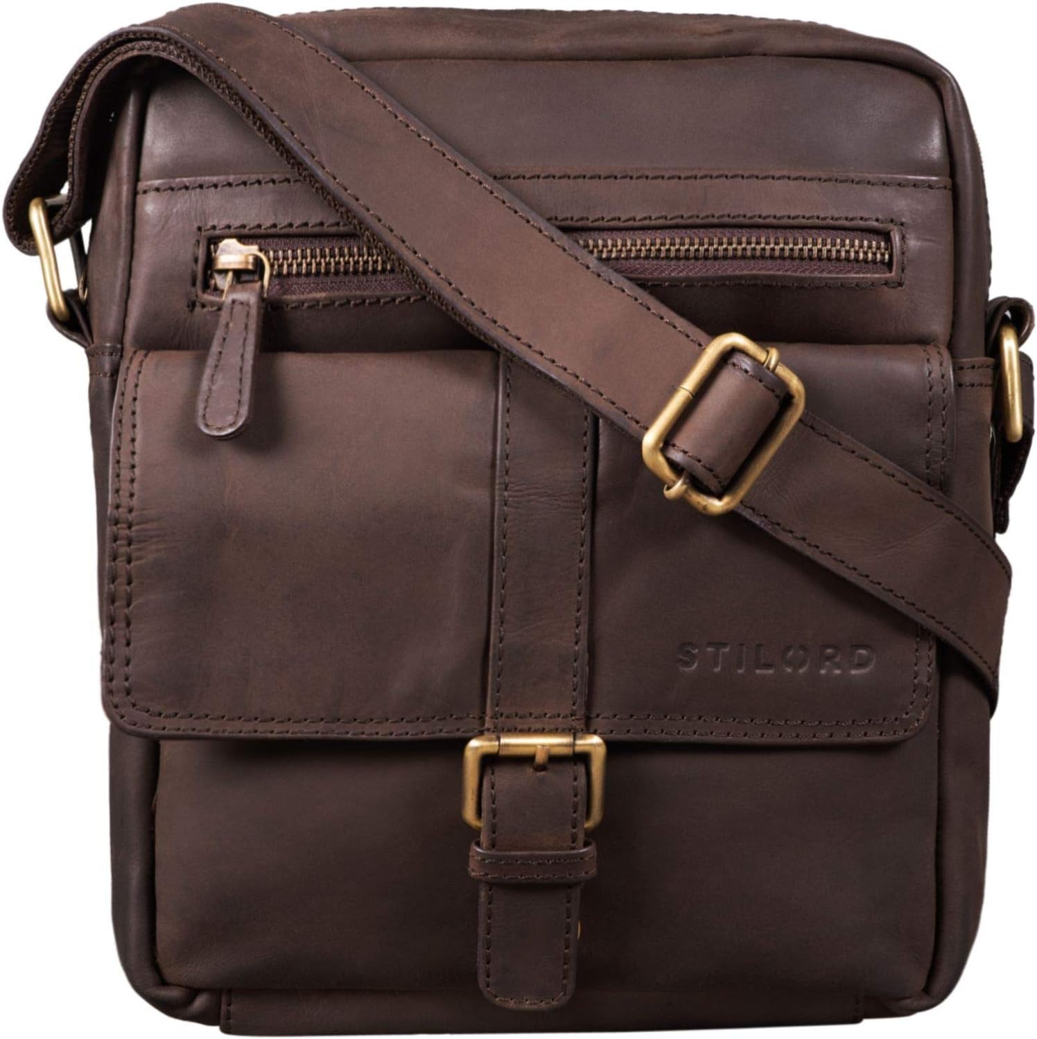 STILORD "Dany" Small Leather Courier Bag Vintage Shoulder Bag for DIN A5 Documents 10.1 Inch Tablet iPad Cross Body Bag in Genuine Leather Colour:Flat Dark Brown
