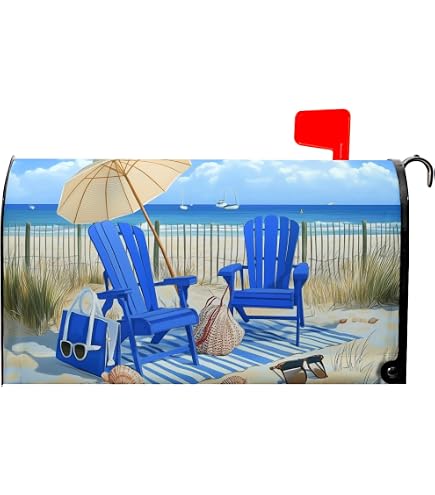 FBCOO Welcome Summer Sea Beach Mailbox Cover – Magnetic Standard Size 20.5 X 18 Inches, Ocean Seagull Sailboat Chairs Design, Waterproof Polyester Fabric For Outdoor Decoration