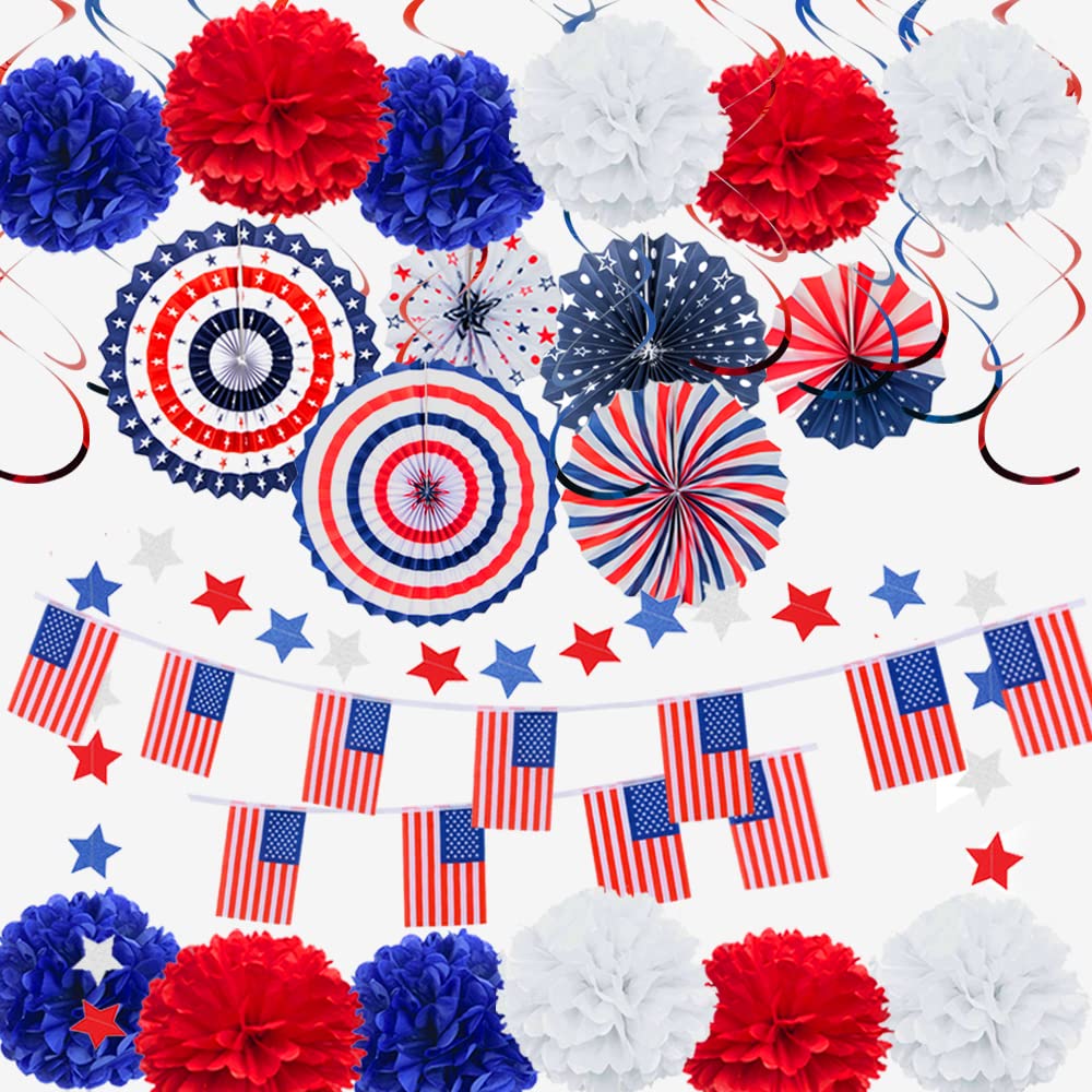 eBoutik – Thanksgiving USA Red, White & Blue American Patriotic Party Decorations Set - Hanging Star Bunting, Paper Fans, American Flags Décor, Celebrate Thanksgiving & Independence Day
