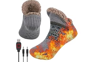 USB Heated Socks with 3 Levels Heating for Women Men, FLLVILLEY Fuzzy Slipper Thermal Socks with Non Slip Sole Fleece Lining,