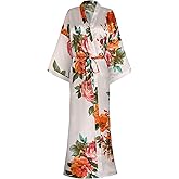 goodmansam Women's Long Floral Satin Kimono Robes Bridal Dressing Gown Wedding Bridesmaid Nightgown