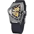 FORSINING Skeleton Watches for Men, Automatic Mechanical Watch with Triangle Dial, Luminous Self Winding Watches Stainless Steel Bracelet or Soft Silicone Strap