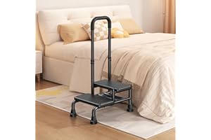 CABTE 2 Step Stool with Handle for Seniors - Adjustable Handrail &Non-Skid Platform, Heavy Duty 2 Step Stool for Adults, Elderly, Foot Stool for Bedside, Kitchen, Car, Bathtub,Holds up to 440lbs