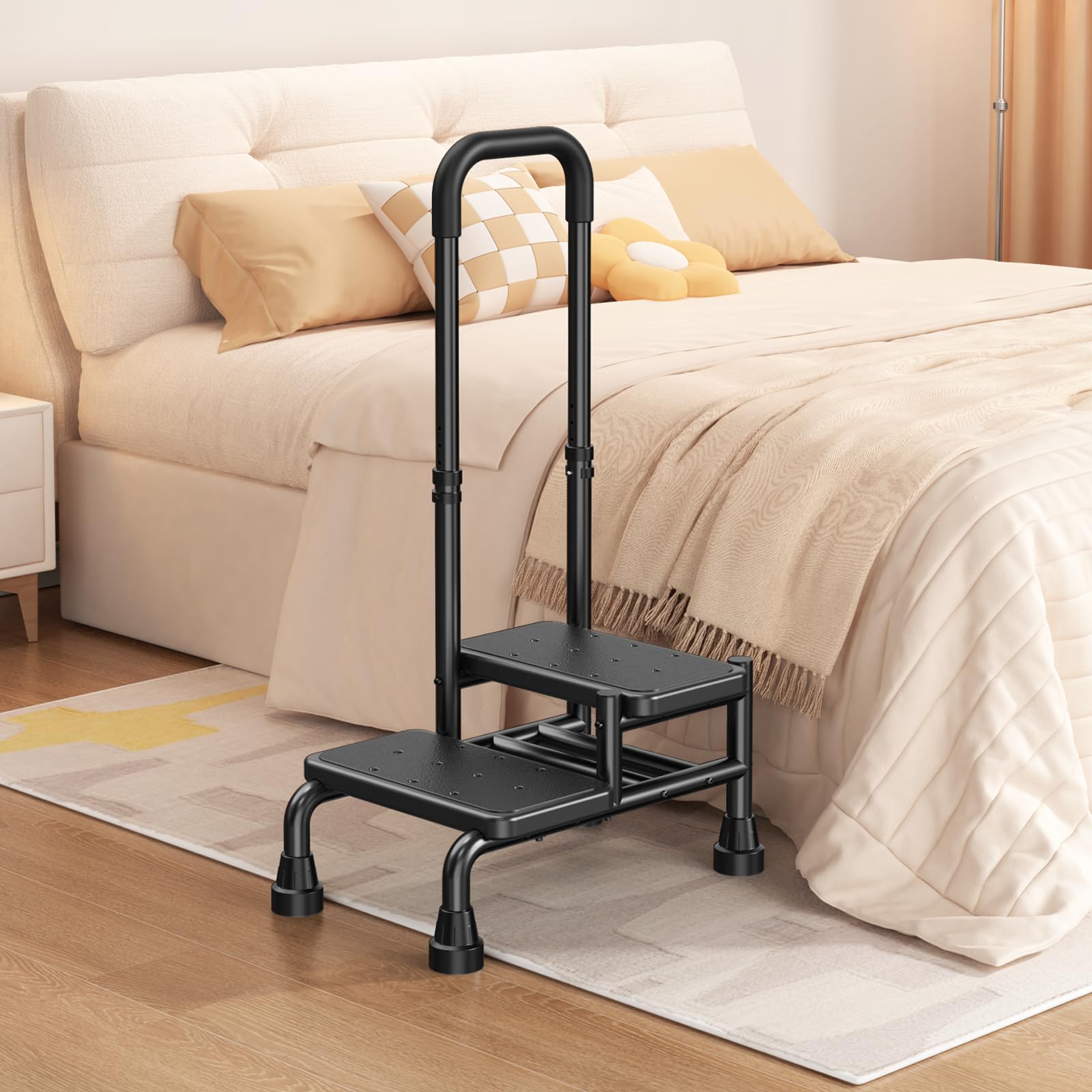 Photo 1 of 2 Step Stool with Handle for Seniors - Adjustable Handrail &Non-Skid Platform, Heavy Duty 2 Step Stool for Adults, Elderly, Foot Stool for Bedside, Kitchen, Car, Bathtub,Holds up to 440lbs