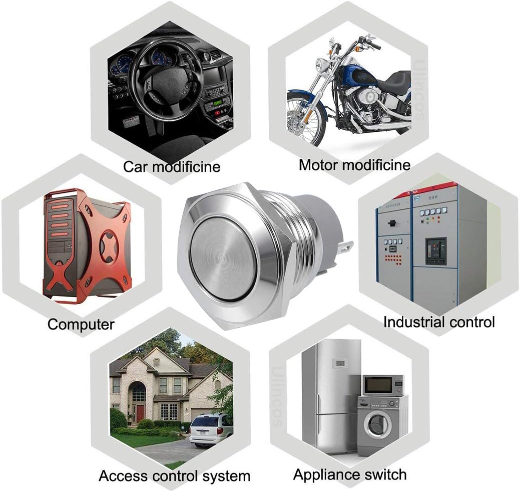 sourcing map Latching Metal Push Button Switch 16mm Mounting Dia 3A SPST 1NO 2 Terminals, Silver, Latching 16mm Flat - Image 5