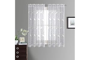 VOGOL White Sheer Curtains 63 inches Length, Birds Embroidered Window Treatment Sheer Voile Curtain Panels for Kitchen Liviging Room Bedroom Small Windows, 42 x 63, Set of 2