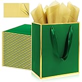Addblu 28 Pack Bulk Luxury Gift Bags with Handles, Medium Size 9x7x3.15 Inches - Includes 28 Tissue Papers for Wedding, Birthday, Baby Shower, Thanksgiving, Christmas, & Party Favors (Green with Gold Foil Trim)