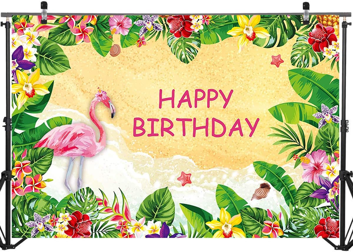 Mehofoto Tropical Flamingo Party Backdrop 7x5ft Vinyl Let's Flamingle Hawaiian Aloha Party Monstera Leaves Photo Backdrops Pink Flamingo Luau Birthday Cake Table Photography Background - Image 3