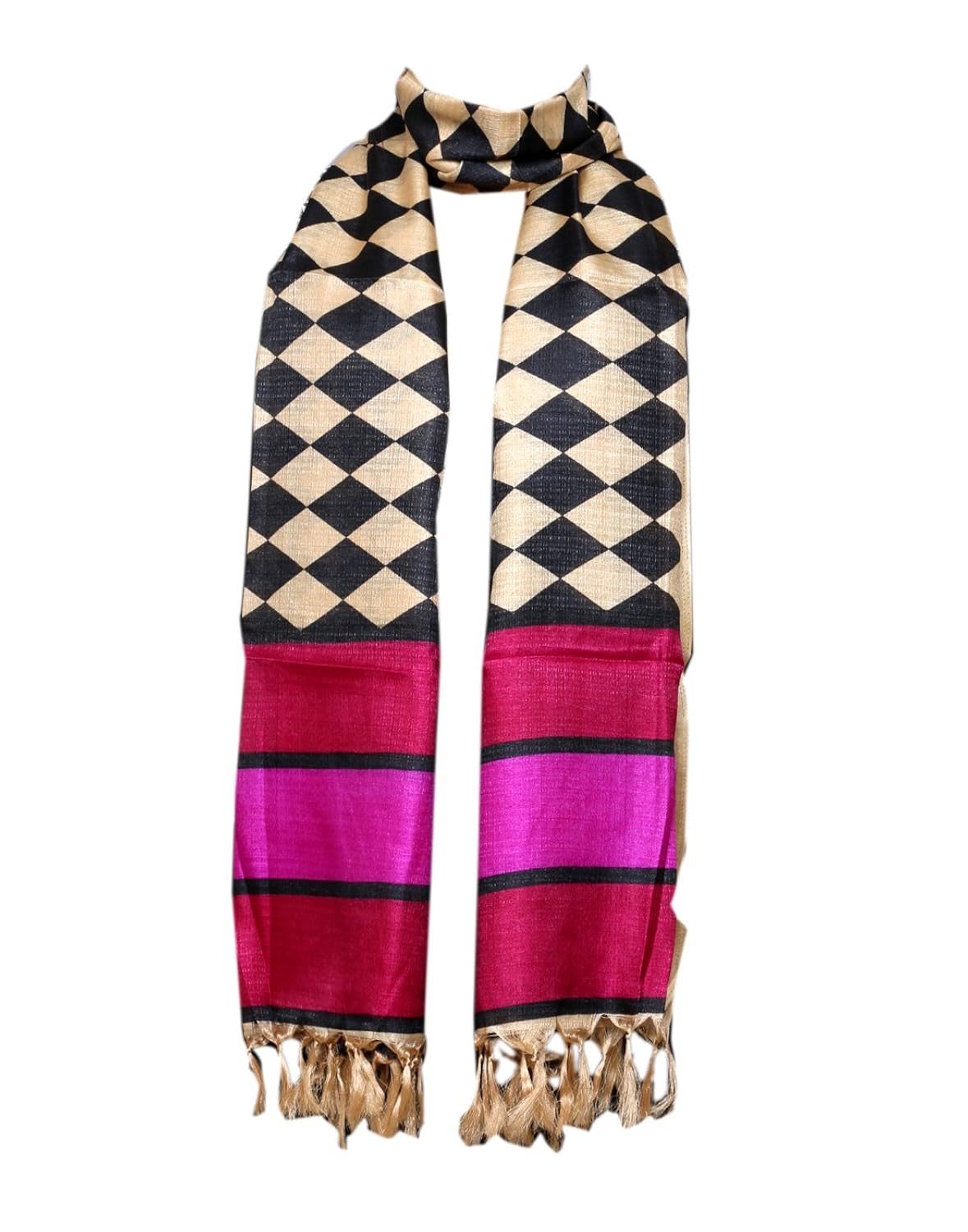 indiweaves women bhagalpuri/tussar silk digital print pink+black dupatta