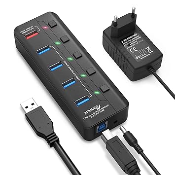 APANAGE USB 3.0 Hub, 5 Ports USB Hub (4-Ports Datenübertragung und 1-Port Schnellladegerät USB Hub 3.0 Aktiv) mit Einzelnen P