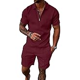 UOUA Mens Summer Track Suits 2 Piece Shorts Sets Short Sleeve Sweatsuit Outfits 1/4 Zip Golf Polo Shirts Loungewear