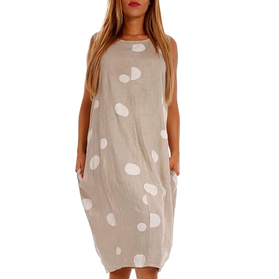 Made Italy Damen Leinenkleid in Tupfen-Design Strandkleid Sommer und Freizeitkleid