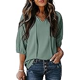 Dokotoo Women's Waffle Knit V Neck Tops Puff Sleeve Tunic Blouse Casual Summer Eyelet Shirts