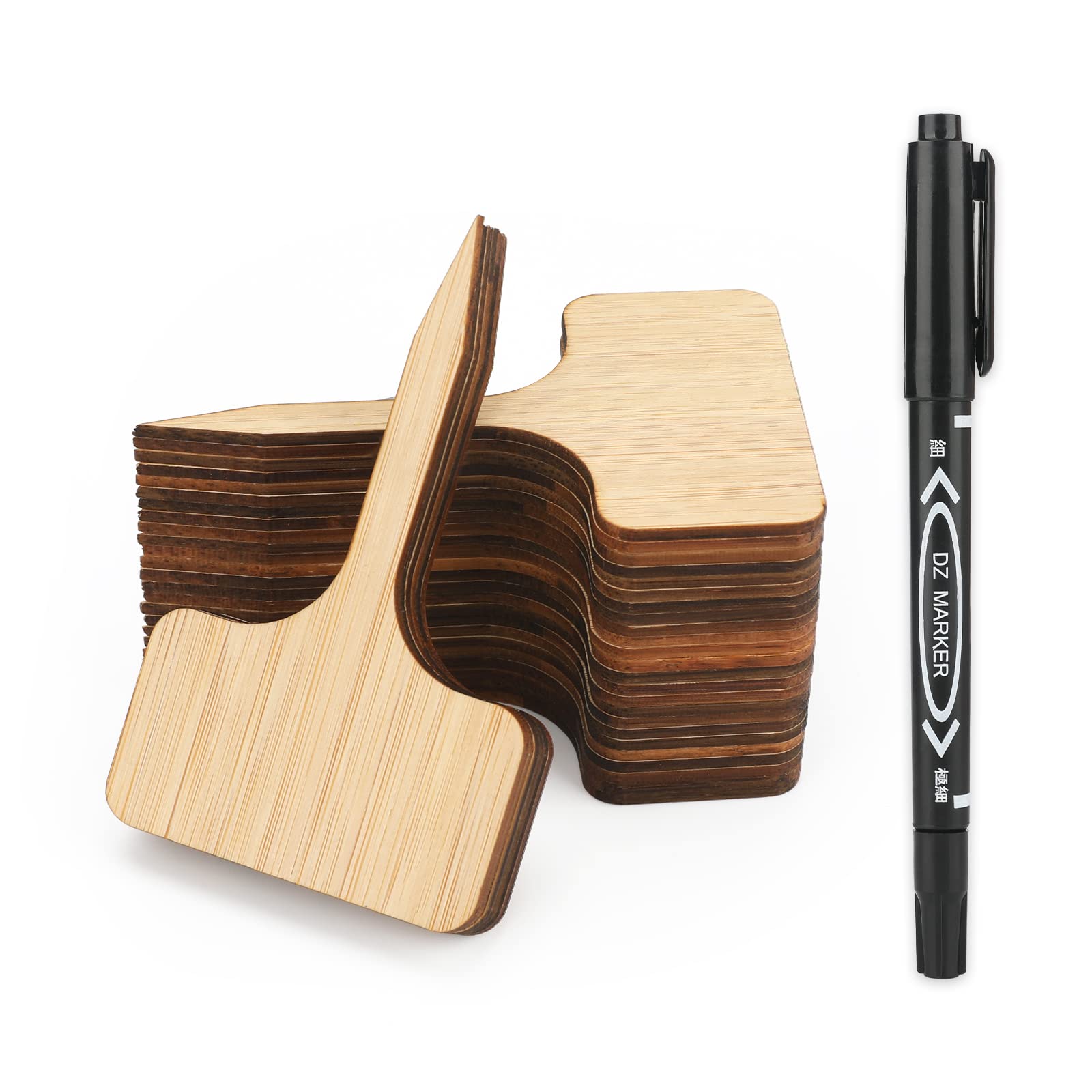 KINGLAKE 30 Pcs Bamboo Plant Labels with a Marker Pen, T-Type Plant Markers Bamboo Garden Tags for Herbs Seed Flowers Vegetables (10 x 6 cm)