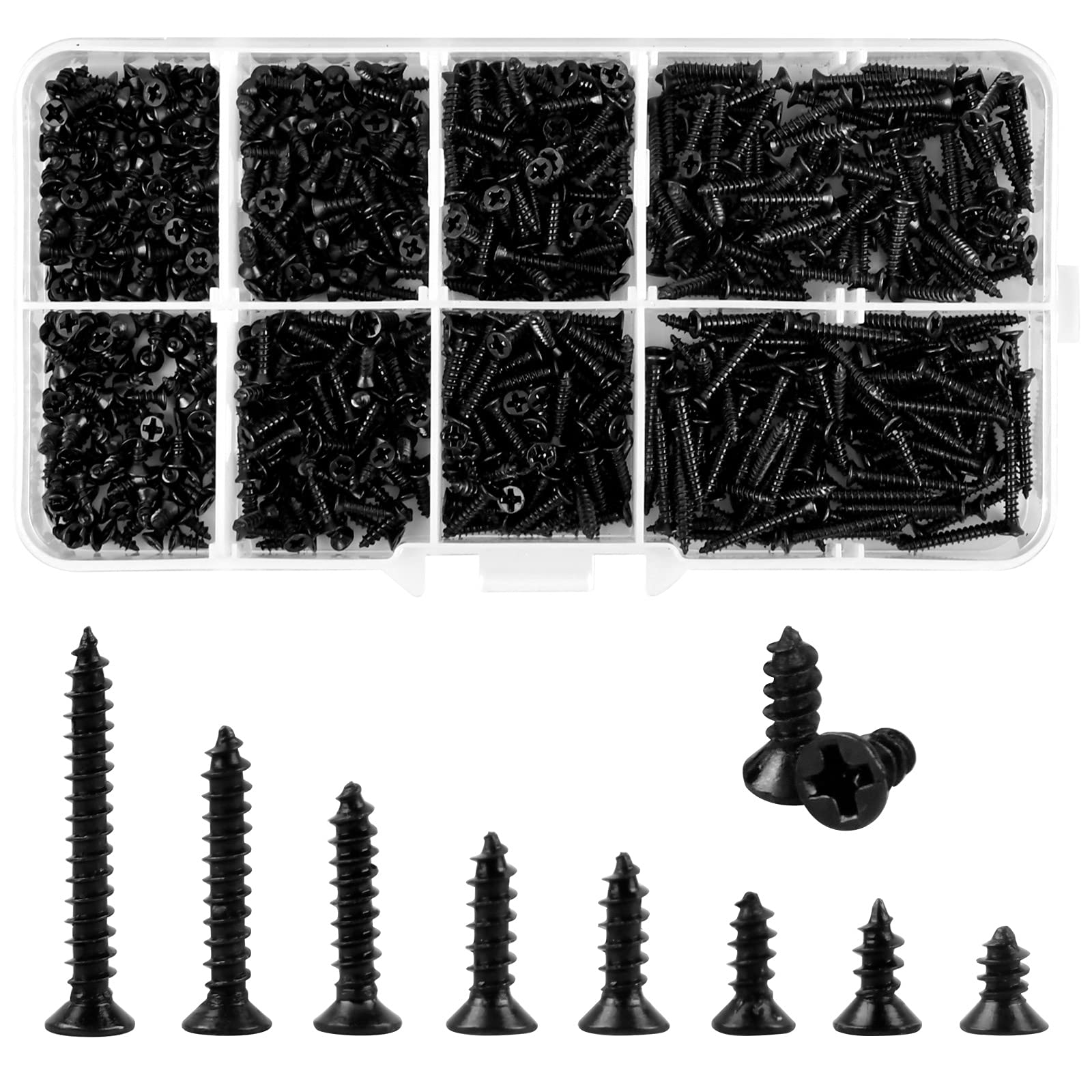 800 Pcs M2 Self Tapping Screw Kit Small Black Carbon Steel Self Drilling Screws Tiny Wood Screw Flat Countersunk Cross Head Screws Assortment Set for Wood Soft Metal Plastic 4/5/6/7/8/10/12/16 mm
