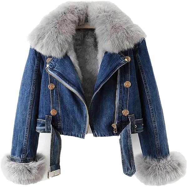 Women Denim Jacket with Fur Warm Fur Collar Rabbit Fur Lined Denim