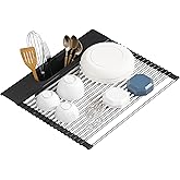 KEGFRES Roll Up Dish Drying Rack Over Sink, 17.5" x 15.2" Foldable SUS304 Stainless Steel Kitchen Dish Drainer, Heat-Resistant Multipurpose Rolling Sink Rack Organizer,Black